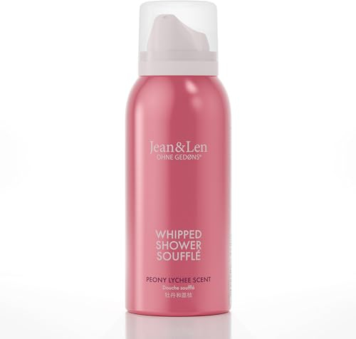 Jean & Len Shower Soufflé Pivoine & Lychee, à l'huile d'amande et de jojoba, pour une expérience de nettoyage parfumée, mousse de douche en format voyage, sans parabènes ni silicones, 75 ml