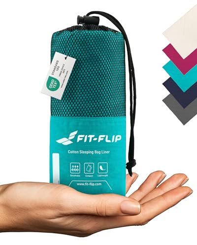 Fit-Flip Hüttenschlafsack Baumwolle - ultraleichter Innenschlafsack 325g - dünner Reiseschlafsack - kompakt, klein & seidig weich - Schlafsack Inlett mit Kissenfach - Farbe: Türkis