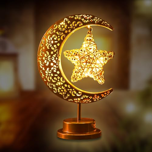 IWTBNOA LED Ramadan Lichter Mondlampe, LED Mond Stern Tischlampe, Ramadan Lichterkette, Eisen Ramadan Halbmond Lampe, Ramadan Deko Lampe, Eid Lichter, Muslim Islam Tischdekoration Batteriebetriebene