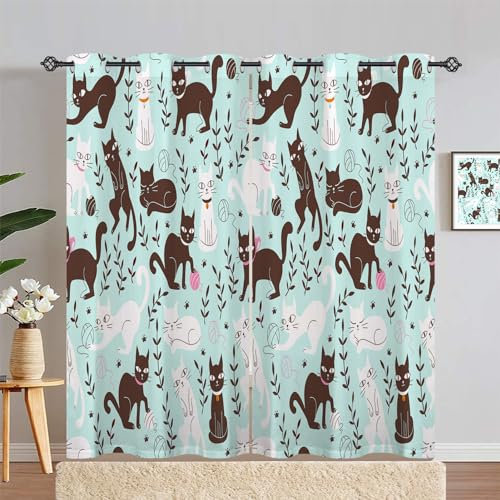 ANHOPE Nette Cartoon Tier Katze Verdunklungsvorhänge mit Ösen Blickdichte Gardinen Blackout Curtain Thermo Vorhänge Weich Schlafzimmer Wohnzimmer Vorhang 2er Set H 213 x B 140 cm