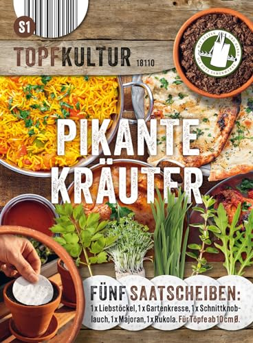 Saatscheiben Pikante Kräuter, 5 Stk, 8 cm Durchmesser, 10g, Anzucht Samen-Set auf der Fensterbank oder dem Balkon, Küchenkräuter Set mit Liebstöckel, Gartenkresse, Majoran, Rucola, Schnittknoblauch