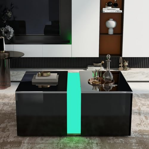 KOMHTOM Table Basse LED Noire avec Rangement caché, Meuble de Salon Table Basse Coffre Petite Table (B)