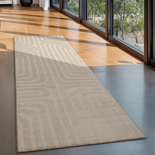 the carpet Loop Teppich Wohnzimmer, Schlafzimmer, moderner Kurzflor, hohe Flordichte und weich, Beige, 80 x 300 cm
