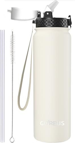 GOPPUS 1L/32oz Stainless Water Bottle with Straw Double Wall Insulated Bottles with Strap Reusable Vacuum Thermal Flask Leakproof Keep Cold Drinks Bottles with Flip Top Lid for Gym Men Women BPA Free