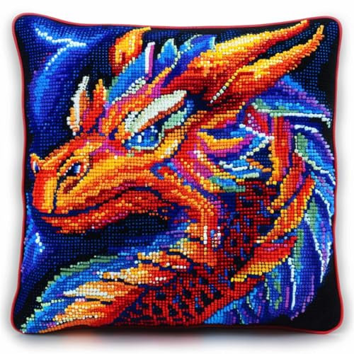 RKFLGEW DIY knüpfen set erwachsene Fantasie Drache knüpfkissen set Anime Drachen Tier Knüpfhaken-Kissen-Set，DIY-Kissenbezug zum Basteln，bedruckte Leinwand für Anfänger，Stickerei，Bastelkissen 43x43cm