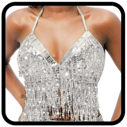 Flovel Glitzerndes Pailletten Top Silvester mit Quaste Bauchtanz NeujahrBH Rave Outfits Glitzer Party Tanktop Festival Crop Top Kostüm für Frauen (DE/NL/SE/PL, Einheitsgröße, Regular, Regular, Silber)