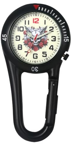 JewelryWe Karabineruhr Totenkopf Uhr mit Karabiner: Halloween Gothic Rose Blumen Schädel mit Flügel Leuchtendes Gesicht Taschenuhr Analog Quarz Clip On Uhr für Ärzte Krankenschwestern Sanitäter Köche