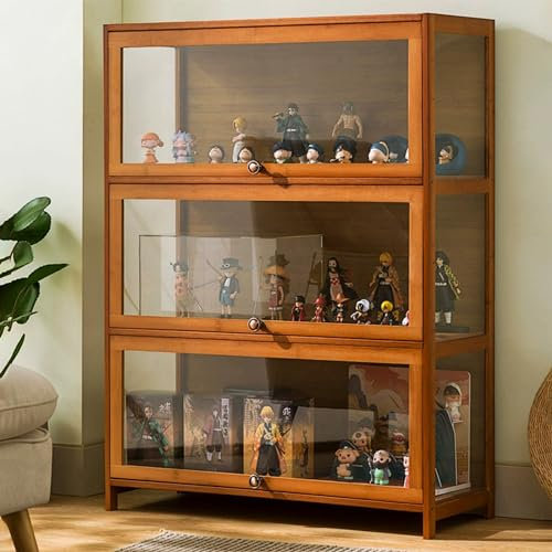 Curio Vitrine mit Bambusrahmen, Vitrine für Wohnzimmer, Schlafzimmer, Büro, staubdicht und leicht zu reinigen, Figuren und Sammlungsaufbewahrung, Naturbraun, 80 x 33 x 106 cm