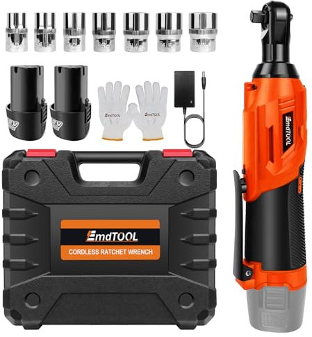 12V Ratchet Wrench, 3/8'' Cordless Ratchet Kit with Fast Charger + Li-ion Battery, 40NM Cordless Electric Ratchet Wrench Set with 7PCS Sockets & LED for DIY Projects (Orange, 2x1500mAh)