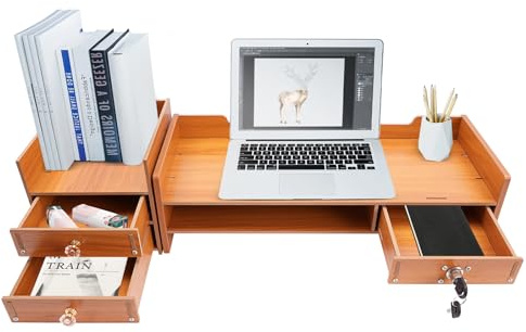 MINRS Monitorständer Holz, Bildschirmerhöhung 65 x 20 x 13,5 cm, Monitor Erhöhung, mit 3 Schubladen, Handyhalter, Schreibtisch Aufsatz für Computer Laptops Drucker