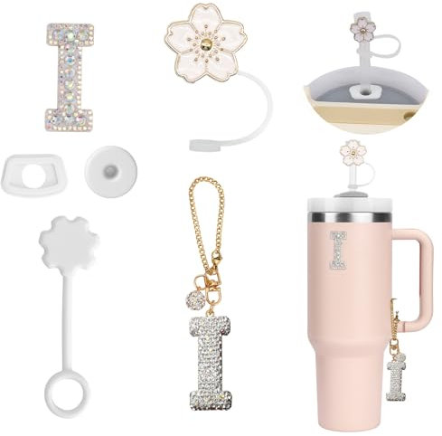 6PCS Accesorios Personalizados para Stanley Cup,Fundas de Pajitas,Decoración de Iniciales, Pegatinas de Letras,Encantos de Letras para Vaso Stanley y Ttapón Antiderrame para Stanley Cup (I)