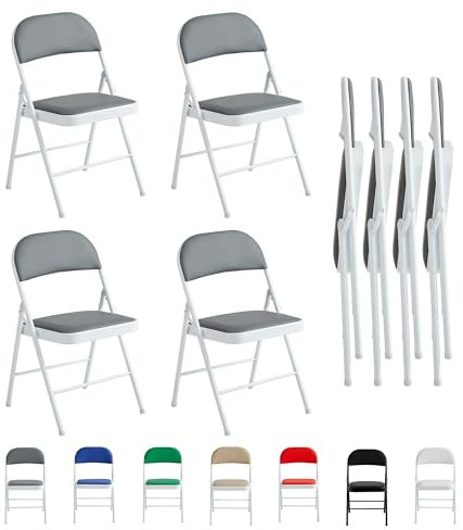 mcc direct Set of 4 Folding Chairs, Faux Leather Foldable Chairs with Metal Frame and Padded Seat, Easy to Fold and Store for Home, Office, Dining and Reception (Grey)