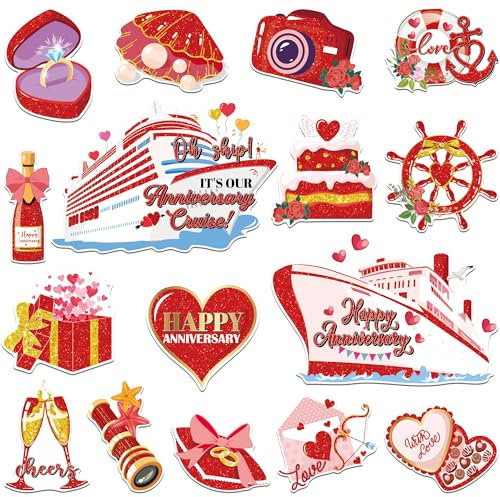 Cruise Door Decorations Magnetic Anniversary, 16 Pcs Red Nautical Anniversary Cruise Door Magnets, Happy Anniversary Decorations for Ship Cabin Door Refrigerator Carnival Cruise