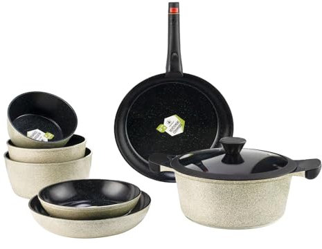 LAGUIOLE, Set de cuisine 9 pièces, Modèle Jade, en aluminium avec revêtement céramique antiadhésif, poignée amovible, compatible tous feux, empilable, 28 cm, Vert