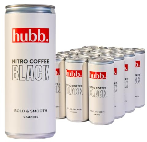 hubb Nitro Cold Brew Coffee – Black Iced Coffee Drink (12 x 250ml Cans) | Specialty-Grade, Single-Origin Arabica | Bold, Smooth Flavour | 100% Natural, Sugar-Free, Ready to Drink
