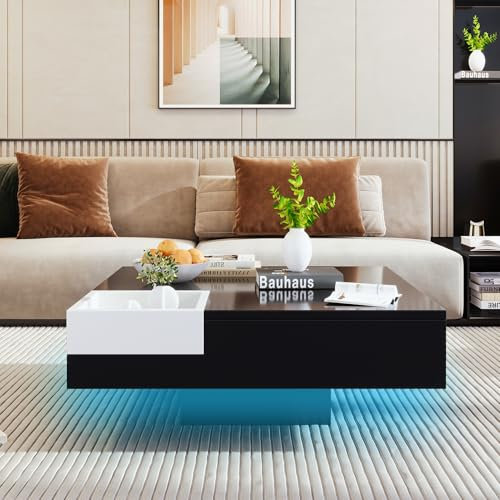 LANTRO JS Couchtisch Hochglanz, Wohnzimmertisch Weiß Hochglanz mit LED Beleuchtung Modern, Tisch Wohnzimmer, 72x72x30(cm) (Schwarze)
