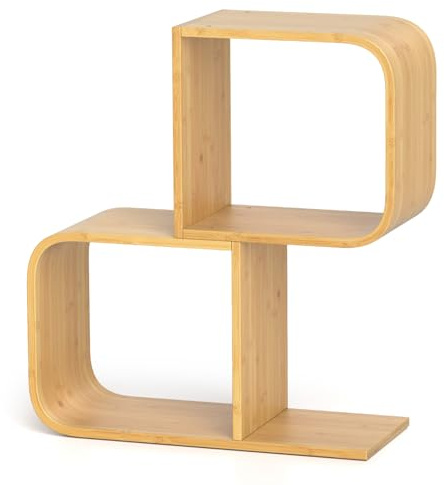 GIANTEX 2-stöckiges Bücherregal, S-förmiges Regal mit 2 Würfeln, Lagerregal aus Bambus für Wohnzimmer, Heimbüro, Schlafzimmer, Würfelregal für Bücher, Natur (2 Würfel)