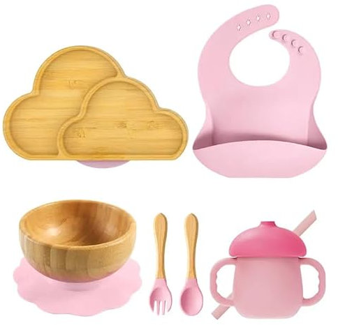 Cutties and Giggles Baby Feeding Set, Baby Plates with Suction, Bamboo Plates, Baby Bowl Baby Weaning,Sippy Cup, Bamboo Weaning Set for Kids (Pink)