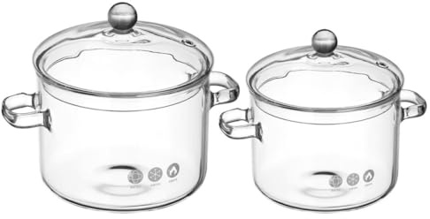 VINTORKY 2 Stück Glas Kochtopf mit Doppelgriff Transparenter Glastopf für Herd 1350ml und 1500ml Mikrowellengeeignet für Cerankochfeld für Haushalt