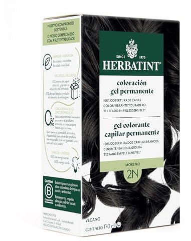 Herbatint Coloración Gel Permanente para Cabello 2N Moreno - 170 ml | Sin Amoniaco, 100% Cobertura de Canas | para Pieles Sensibles, con 8 Extractos Naturales Bio