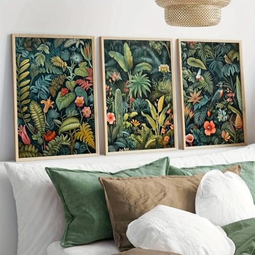 3er Set Leinwandbilder Poster Vintage Dschungelland Blume Vögel Pflanze Tropische Blätter Waldland Grün Öl Wand Kunst Drucke Geschenk Schlafzimmer Wohnzimmer Schlafsaal Galerie Korridor Dekor Bild, A4