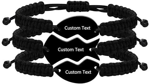 Oneress Personalize 3PCS Friendship Bracelets Heart Puzzle Matching Handmade Woven Braided Black Rope Bracelet Set for Best Friends Sisters BFF