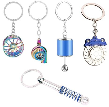 LightBeacon 5 Piezas Llavero de Piezas de Coche, Llavero de Turbocompresor, Llavero de Metal para Coche, Moto, Llavero de Palanca de Cambios, Regalo de Cumpleaños para Niños