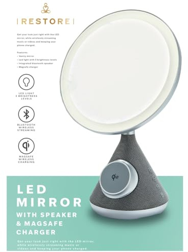 New LED Mirror with Speaker and Charger, Integrated Bluetooth Speaker, Get Your Look Just Right Whilst Charging your Phone and Streaming Music, Perfect Companion for Your Beauty Routine.