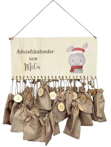 Personalisierbarer Adventskalender Hase 2025 – DIY-Weihnachtskalender aus Holz mit 24 Jutebeuteln & Holzzahlen – Adventskalender für Kinder – mit Namen personalisiert