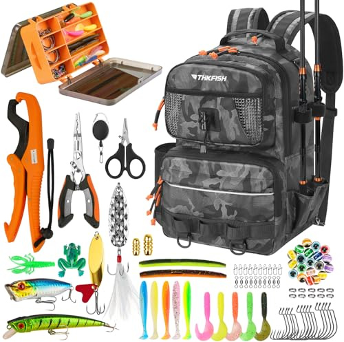THKFISH 92-teiliges Angelwerkzeug-Set,Angeln Köder Set mit Köderbox,600D Oxford-Gewebe Wasserabweisende Angelgerätetasche,Angelzange Werkzeuge Set zum Angeln Camping Wandern Reisen(Camouflage)