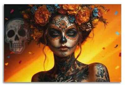 Dia De Los Muertos Leinwand-Poster, Tag der Toten, Leinwanddruck, Dia De Los Muertos, Bild, Wanddekoration, Totenkopf-Hexe, mexikanische Kunst, Wanddekoration, 50 x 75 cm