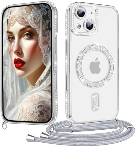 Coiwxmoi Coque pour iPhone 13 avec Cordon Collier, Paillettes Bling Luxe Diamant Case, Magnétique Transparente Glitter Etui Housse avec Lanière Chaine Réglable, Amovible, Antichoc Cover, Argent