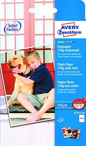 AVERY Zweckform C2743-50 Classic Inkjet Fotopapier (50 Blatt, 170 g/m², DIN A6, einseitig beschichtet, seidenmatt, weiß, FSC, zum Drucken von Fotos auf Tintenstrahldruckern, sofort trocknend)