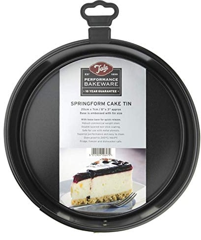 Tala Runde Springform 20 cm, aus hochwertigem Karbonstahl mit Eclipse Antihaftbeschichtung, abnehmbarer Boden; ideal für Kuchen, Torten und Käsekuchen.