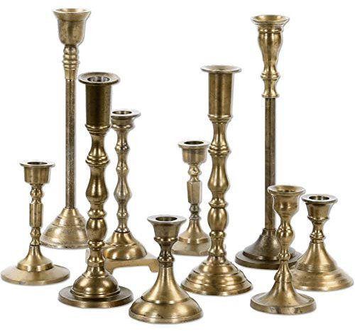 Koyal Wholesale Vintage Gold Mixed Taper Holders, Set of 10, Mismatched Candlesticks Set, Bohemian Decorative Candle Set