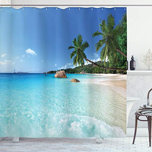 ABAKUHAUS Reise Duschvorhang, ANSE Lazio Beach Surf, Stoffliches Gewebe Badezimmerdekorationsset mit Haken, 175 x 180 cm, Türkis Grün Blau