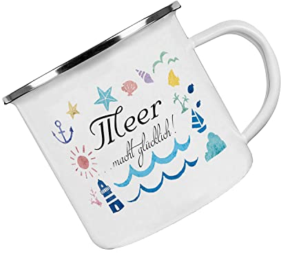 Crealuxe Emaille Tasse Meer macht Glücklich - Kaffeetasse mit Motiv, Campingtasse, bedruckte Emailletasse mit Wunschtext