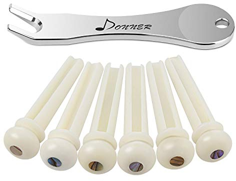 Donner Acoustic Guitar Bridge Pins, 6PCS White Bone Bridge Pins Inlaid 3mm Abalone Dot with Guitar Pins Puller and Sandpaper
