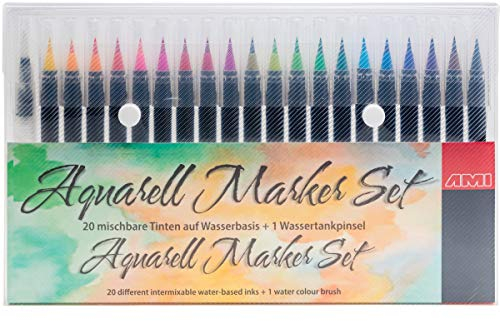 AMI Aquarell Marker Set mit 20 mischbaren Tinten und Wassertankpinsel