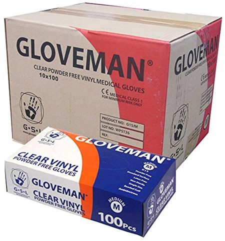 GLOVEMAN 1 Case (1,000 Gloves) Clear Vinyl Powder Free Gloves - Sizes Extra Small to Extra Large (Small)