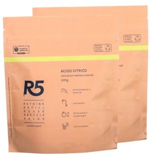 R5, Acide Citrique en Poudre, 1 kg, Détartrant Multi-usages, Détartrant, Produit de Rinçage et Adoucissant, Sans Odeur, Certifié Plastique Négatif, 2 Paquets de 500 g
