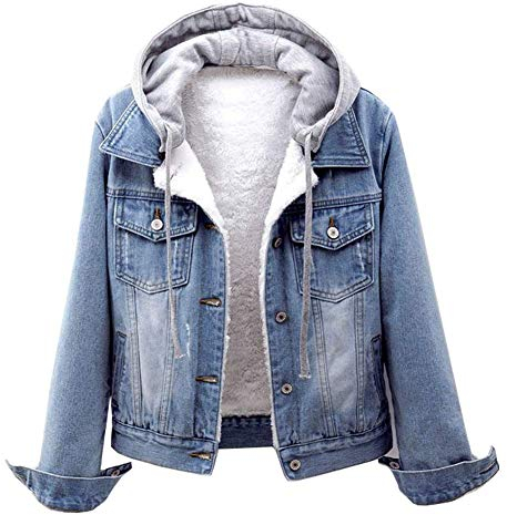 shownicer Damen Winter Jeansjacke Gefütterte Denim Jacket Jeans Jacke Mit Fell Mantel Warme Beiläuf Ige Winterjacke Mit Kapuze Revers Oberbekleidung Hellblau XL