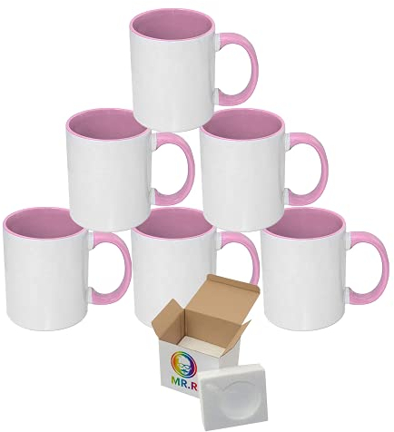 MR.R Tazas de café en blanco de sublimación de 11 oz, taza de taza blanca en blanco con interior de taza de color rosa y asa, juego de 6