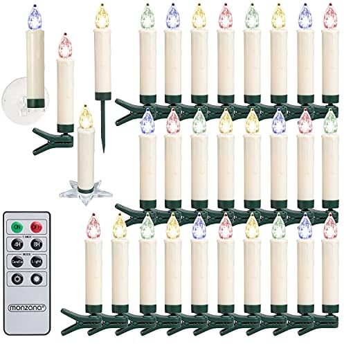 Monzana® 30x LED Christmas Candles Tree Fairy Lights | Wireless, Timer, Remote Control | Battery Powered | Simple Clip-On | 5 Settings Including Flicker, Dimmable | Multi-Coloured