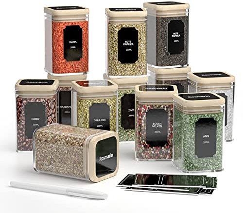 FINEW Gewürzgläser Set Eckig - 12 x 200ml, Hochwertig Gewürzdosen aus Glas Glasbehälter mit Bambusdeckel, Luftdicht Vorratsdosen Glas Set mit Etiketten & Marker, Gläser zur Gewürze Aufbewahrung