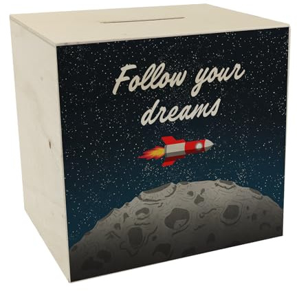 Rakete im Weltall Follow Your Dreams Mond Spardose aus Holz schöne Spardose aus Holz für Kinder die ihre Träume verfolgen wollen mit farbenfrohem Raketenmotiv und großem Planet