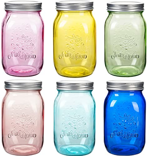Amzcku 32 OZ Colored Mason Jars with Lids, 6 Pack Wide Mouth Quart Canning Jar, Safe for Storage, Pickling, Preserving, Fermenting, DIY Crafts & Decor