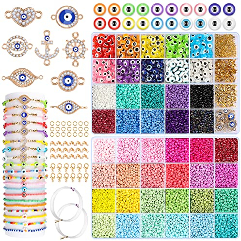 SEANTUA Perlen zum Auffädeln Evil Eye - 19999 Glasperle armband set selber machen, Perlen Set für Mädchen Kind Frauen, 34 Farben Samen Perle Kit für Armband Halskette