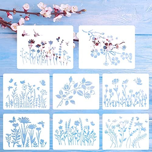 8 Pieces Flower Stencils: Cherry Blossom Vine and Wildflower Painting Set - Reusable Drawing Templates for Wood, Furniture, DIY Home Decor