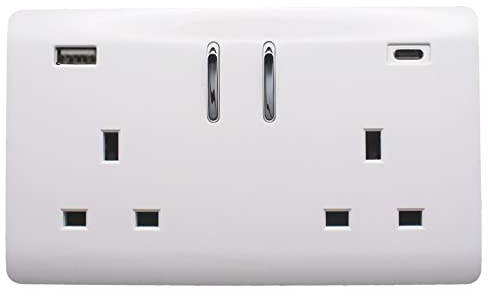 Trendi 2 Gang Artistic Modern Glossy 13 Amp 2 x Type A & C 3.1A USB Switched Plug Socket Ice White